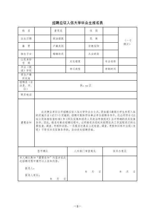 招聘应征入伍大学毕业生报名表