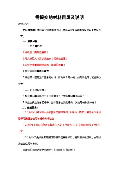 毕业生需提交的材料目录及说明