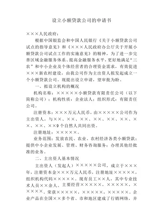 设立小额贷款公司的投资商业计划书