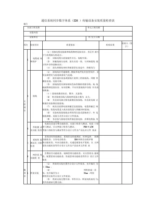 通信系统同步数字体系(SDH)传输设备安装质量检查表