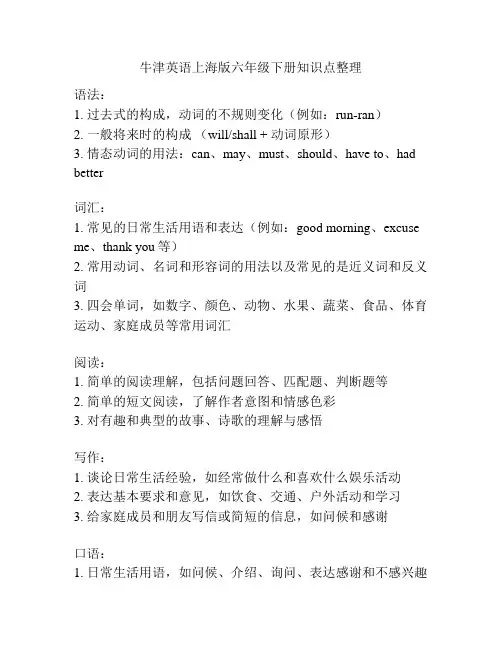 牛津英语上海版六年级下册知识点整理
