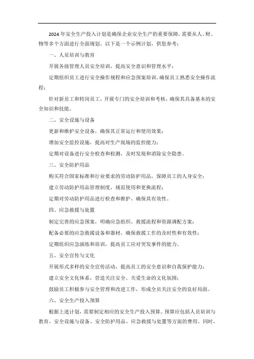 2024年安全生产投入计划