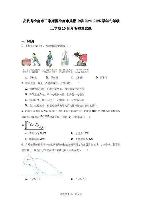安徽省淮南市田家庵区淮南市龙湖中学2024-2025学年九年级上学期10月月考物理试题
