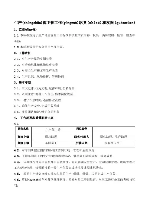 生产部主管工作职责和权限