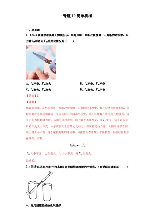 中考物理知识点汇编专题10简单机械(解析版)