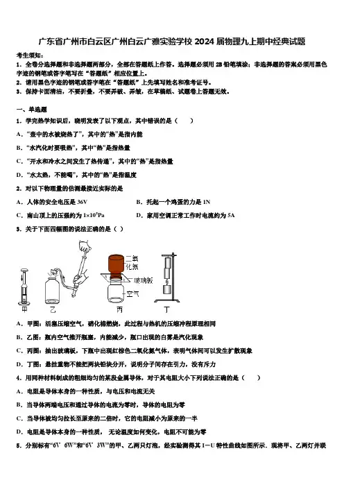 广东省广州市白云区广州白云广雅实验学校2024届物理九上期中经典试题含解析