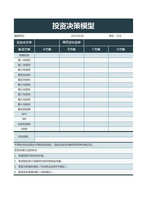投资决策模型Excel表格