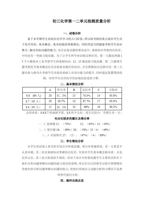 初三化学第一二单元检测质量分析