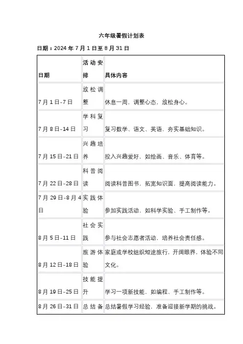 六年级暑假计划表