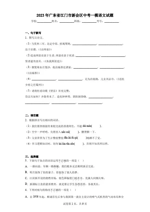 2023年广东省江门市新会区中考一模语文试题