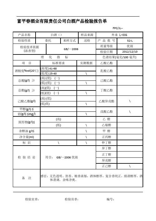 成品白酒检验报告单(高、低度白酒)