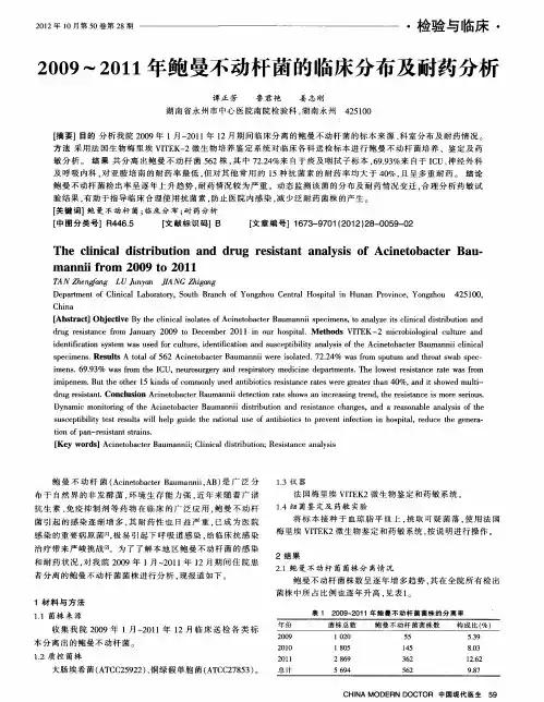 2009～2011年鲍曼不动杆菌的临床分布及耐药分析