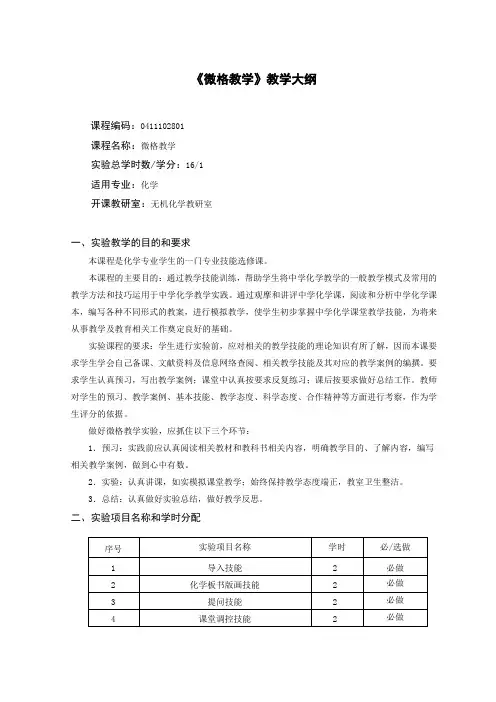 化学专业《微格教学》教学大纲