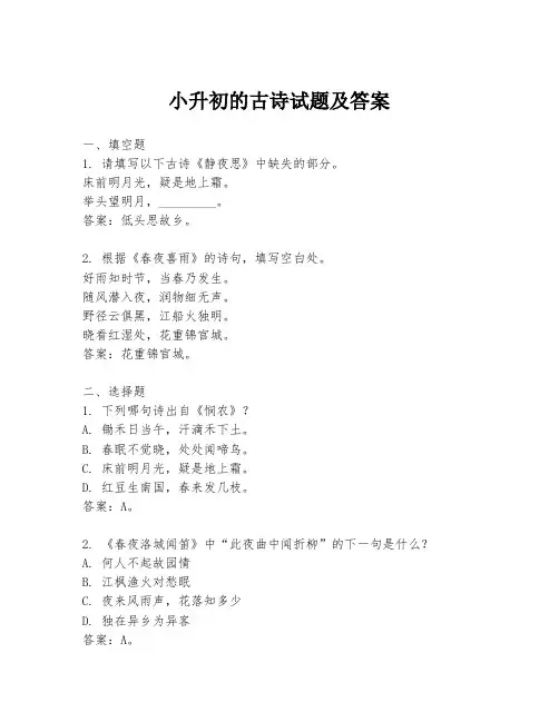 小升初的古诗试题及答案