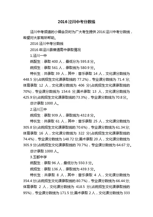 2016泾川中考分数线