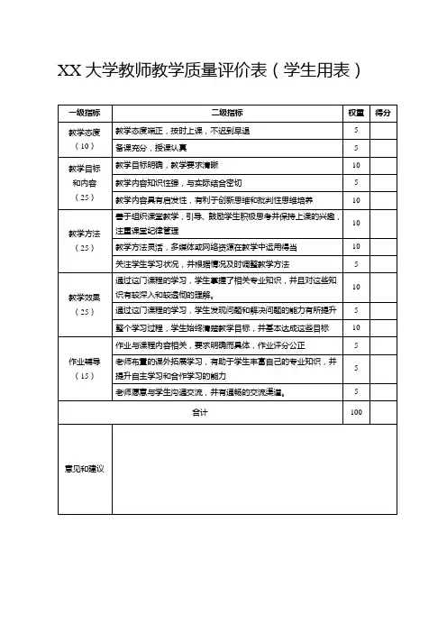 大学教师教学质量评价表(学生用表)