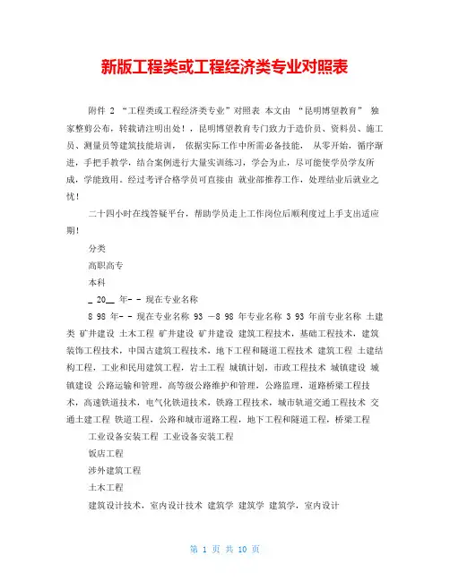 新版工程类或工程经济类专业对照表