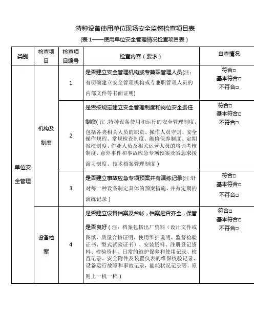 特种设备使用单位现场安全监督检查项目表