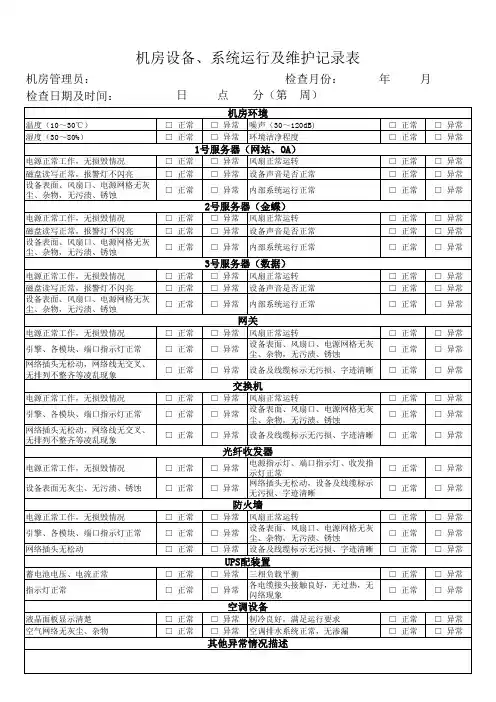 机房设备 系统运行及维护记录表