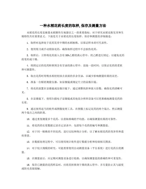 一种水稻花药长度的取样,保存及测量方法