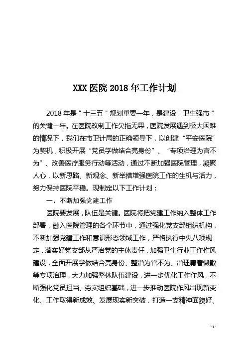 XXX医院2018年工作计划