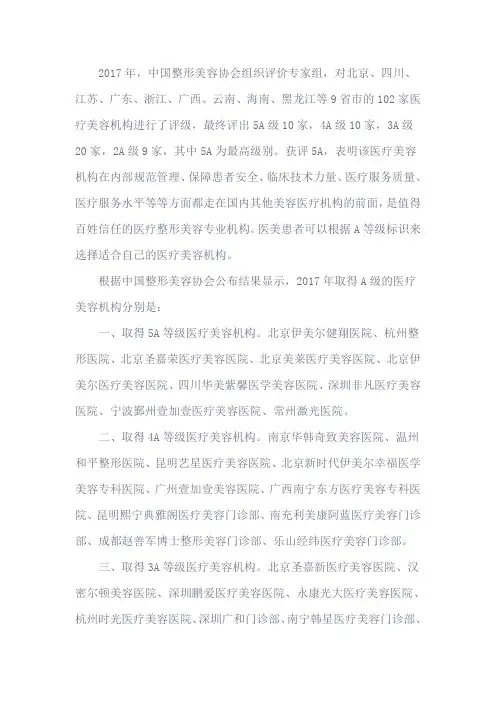2017年医疗美容机构分级