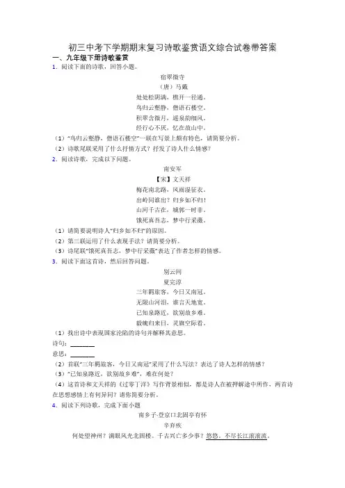 初三中考下学期期末复习诗歌鉴赏语文综合试卷带答案