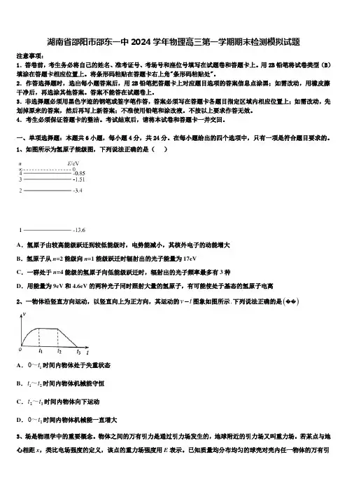 湖南省邵阳市邵东一中2024学年物理高三第一学期期末检测模拟试题含解析
