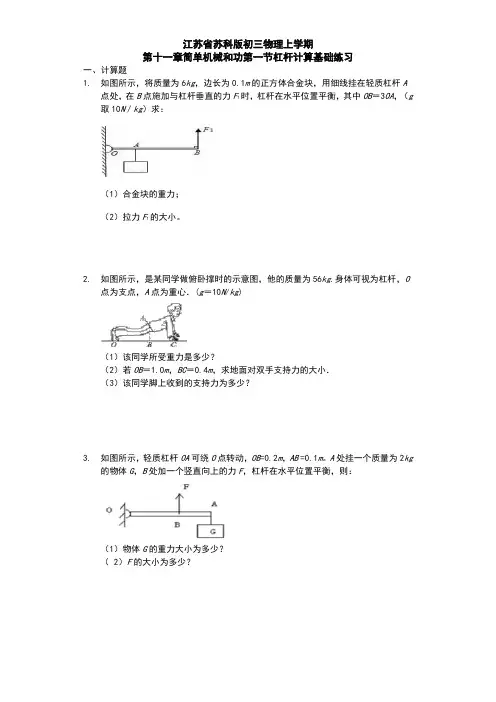 江苏省 苏科版 初三物理 上学期 第十一章 简单机械和功 第一节 杠杆 计算基础练习题