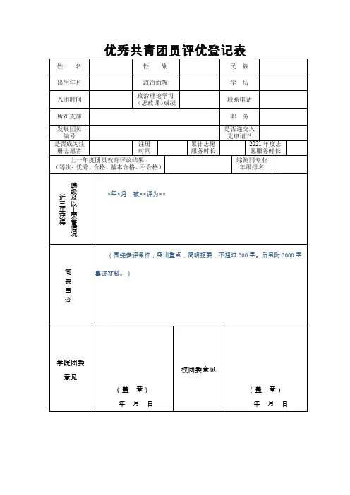 优秀共青团员评优登记表