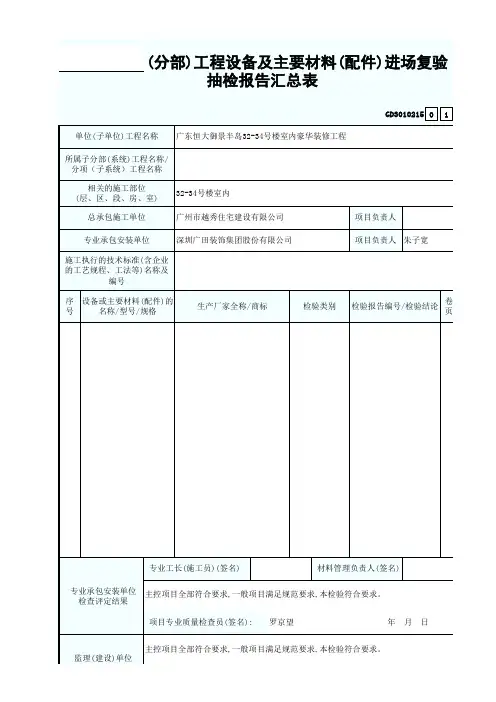 (分部)工程设备及主要材料(配件)进场复验 抽检报告汇总表