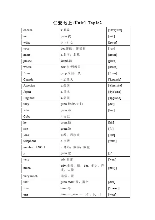 仁爱版七年级上册英语-Unit1：Topic2单词汇总+知识梳理