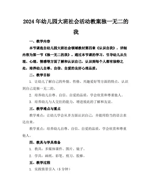2024年幼儿园大班社会活动教案独一无二的我