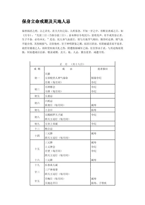 《寿康宝鉴》保身立命戒期及天地人忌