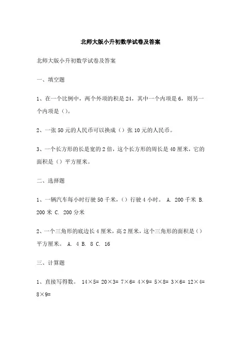 北师大版小升初数学试卷及答案