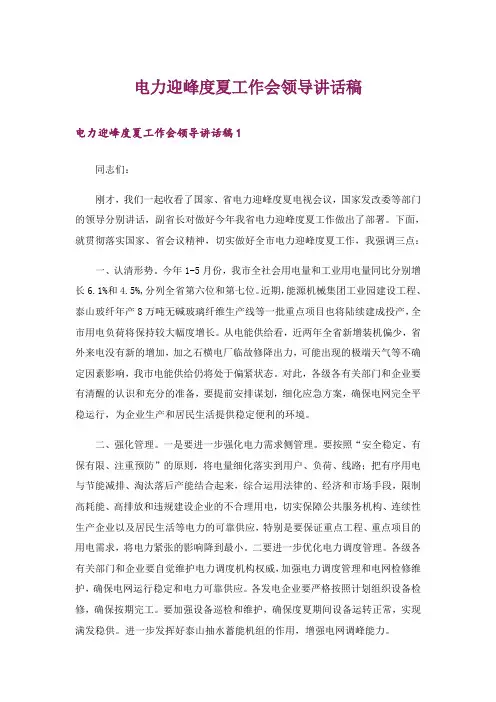 电力迎峰度夏工作会领导讲话稿