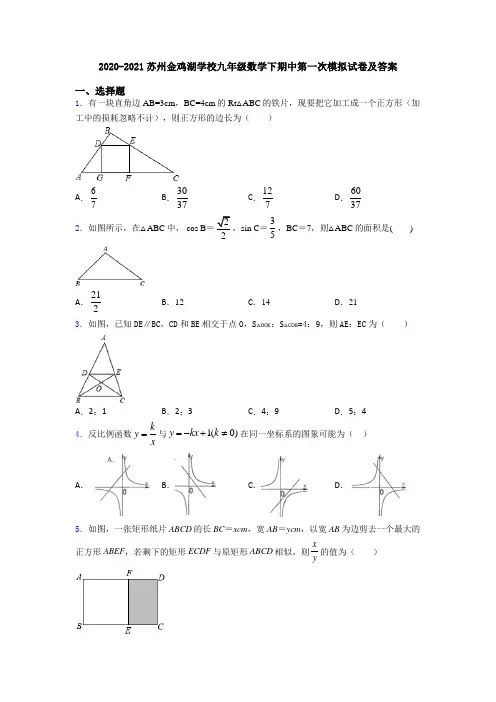 2020-2021苏州金鸡湖学校九年级数学下期中第一次模拟试卷及答案