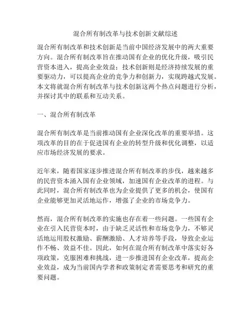 混合所有制改革与技术创新文献综述