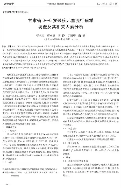 甘肃省0~6岁残疾儿童流行病学调查及其相关因素分析