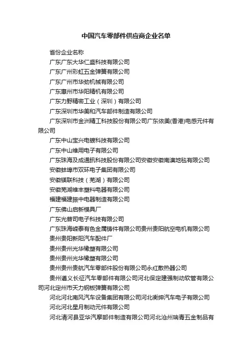 中国汽车零部件供应商企业名单