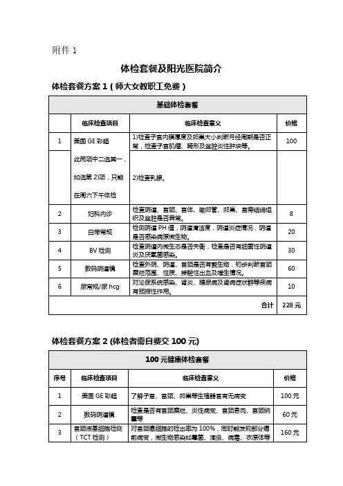 体检套餐及阳光医院简介体检套餐方案1师大女教职工免费