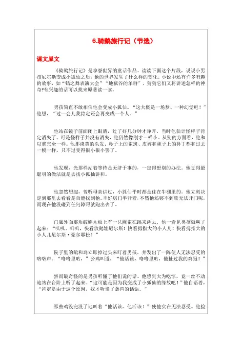 2020年部编版六年级语文下册《6.骑鹅旅行记(节选)》课文原文、知识点、课后练习题、同步练习题