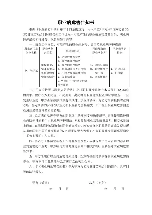 职业病危害告知书(电焊工)