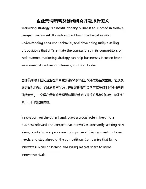 企业营销策略及创新研究开题报告范文