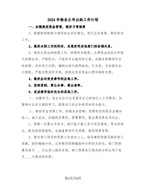 2024年物业公司出纳工作计划(四篇)