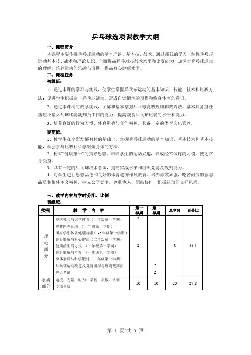 乒乓球选项课教学大纲