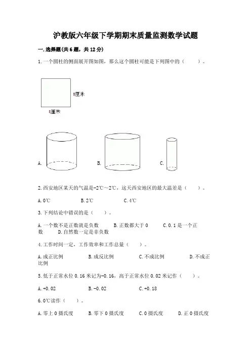 沪教版六年级下学期期末质量监测数学试题附答案(完整版)