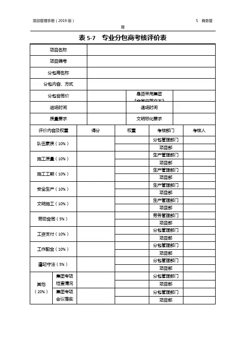 表5-7  专业分包商考核评价表-改