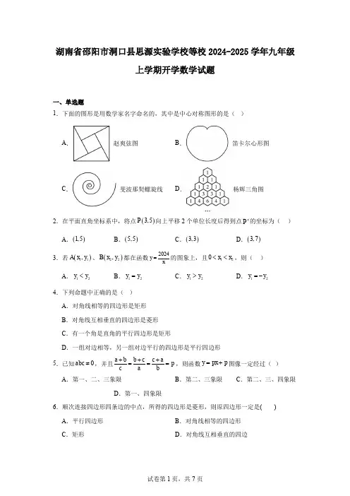 湖南省邵阳市洞口县思源实验学校等校2024-2025学年九年级上学期开学数学试题