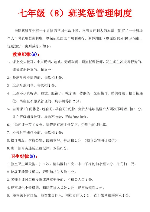奖惩班级管理量化管理制度